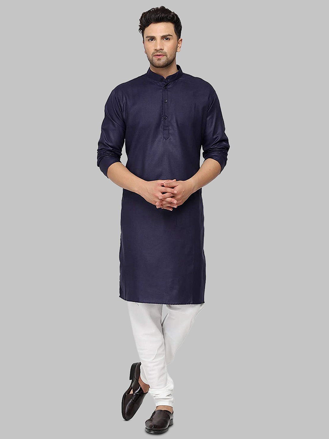 

ROYAL KURTA Men Cotton Mandarin Collar Kurta, Navy blue