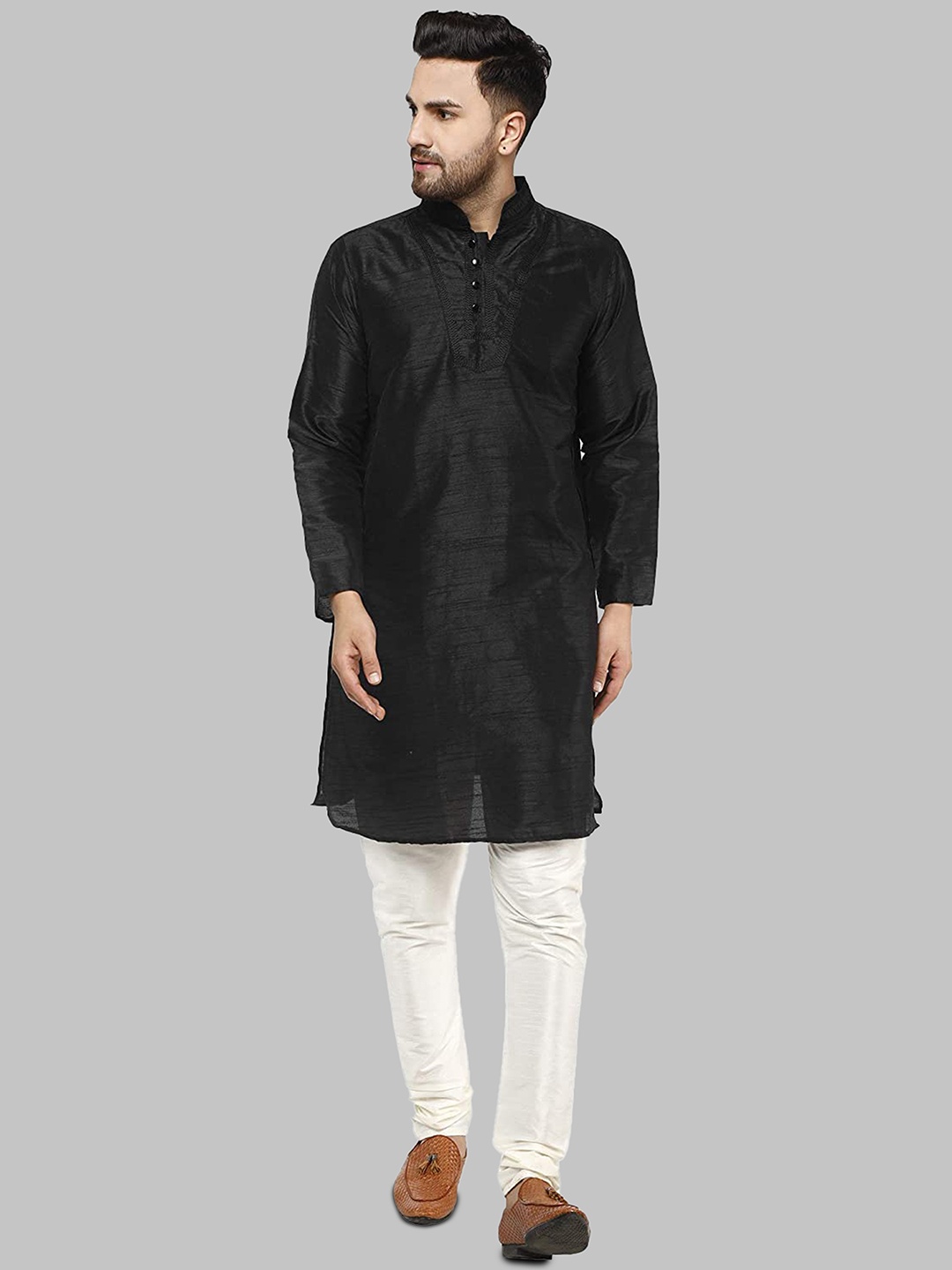 ROYAL KURTA Men Mandarin Collar Cotton Kurta, Black