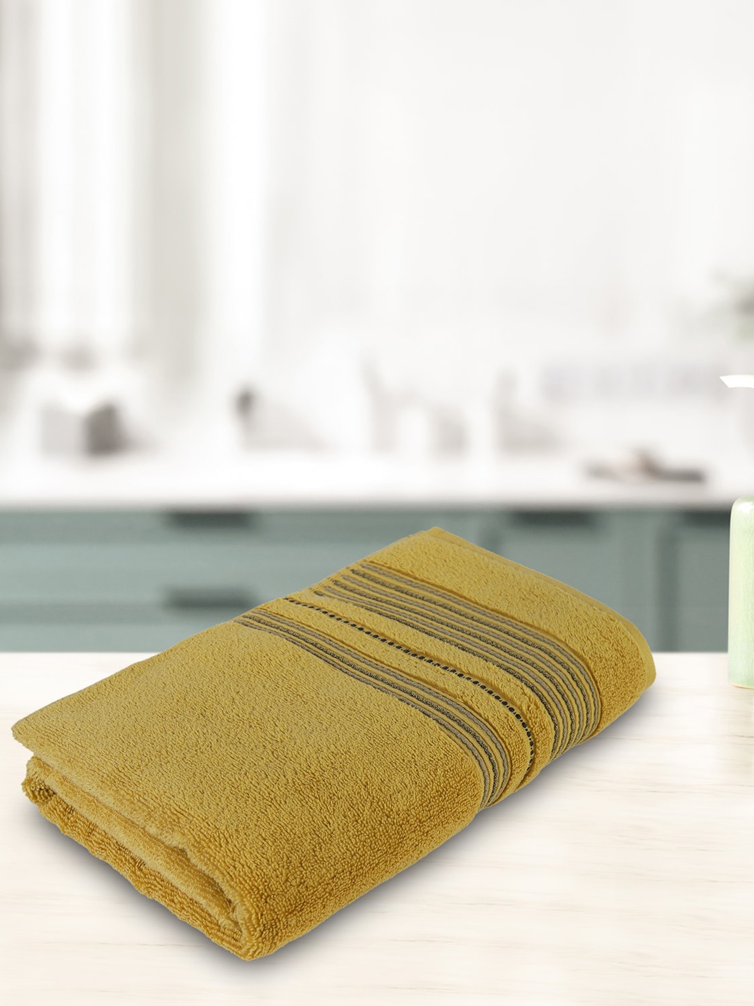 

HomeTown Nora Mustard-Yellow Striped Detail 500 GSM Nora Cotton Bath Towel