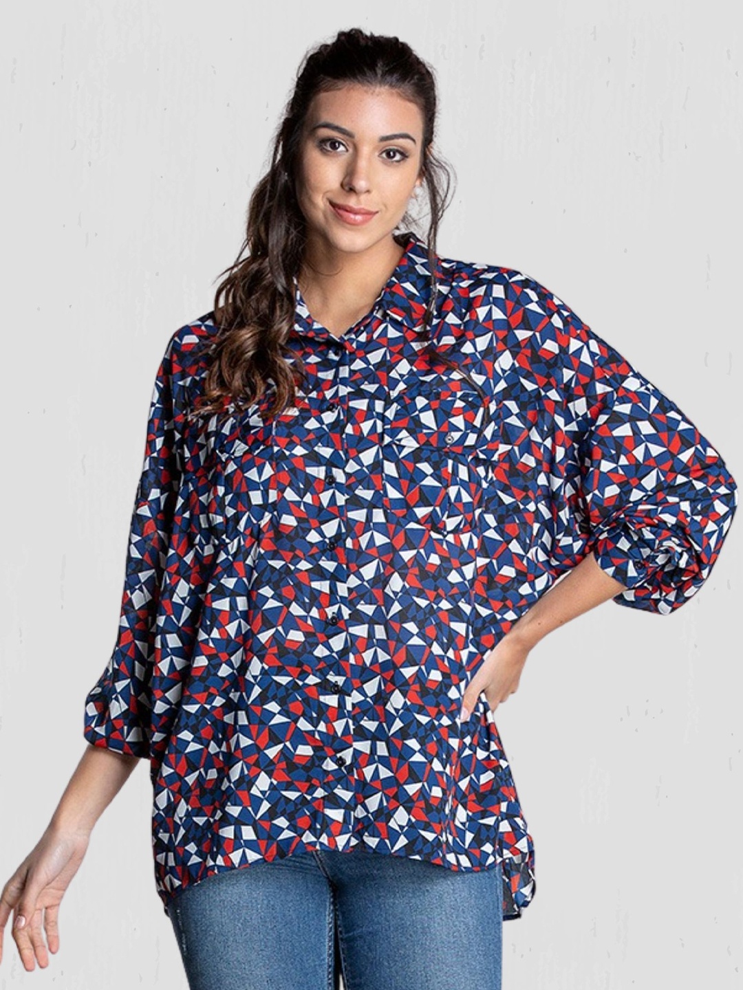 

MKOAL Women Geometric Printed Casual Shirt, Navy blue