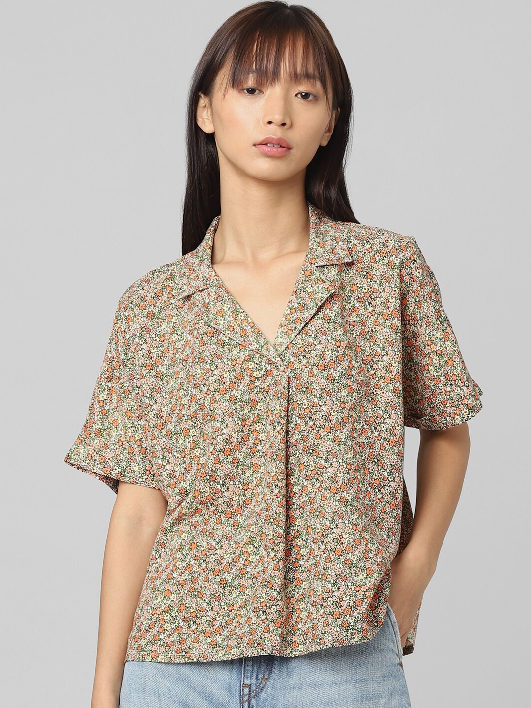 

ONLY Cream-Coloured & Orange Floral Print Shirt Style Top
