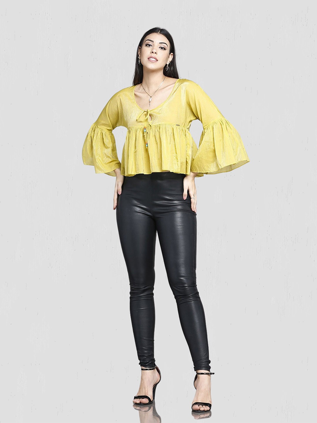 

MKOAL Tie-Up Neck Ruffles Empire Top, Yellow