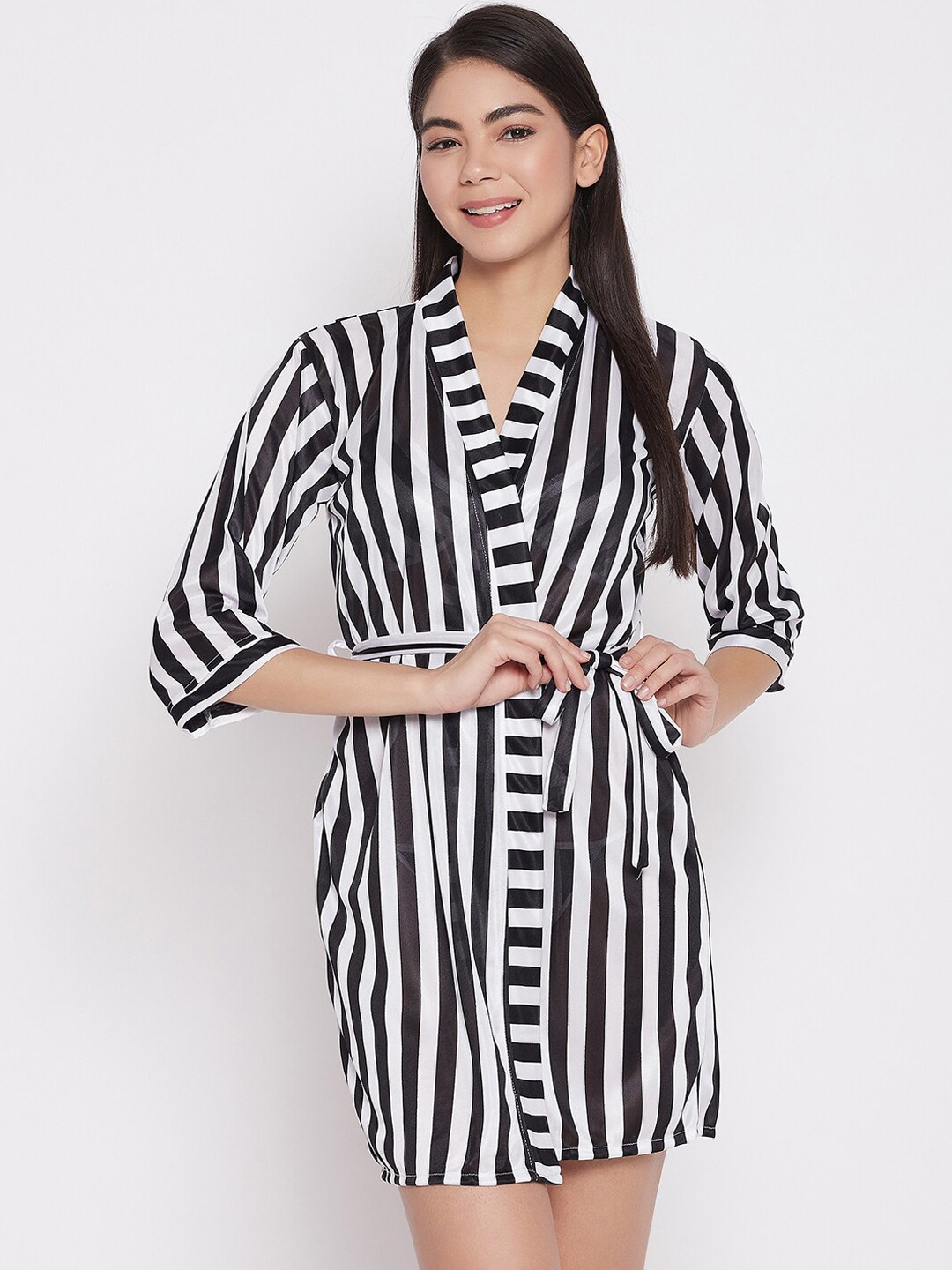 

SECRETS BY ZEROKAATA Striped Printed Bikini Set & Cover Up Shrug, Black