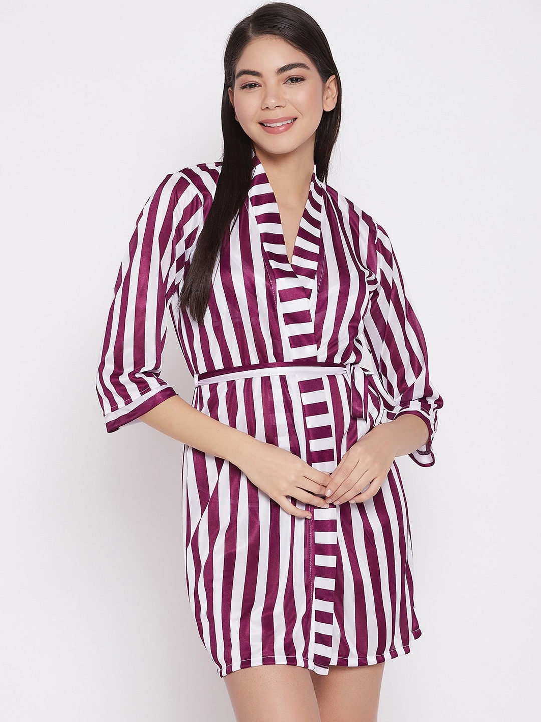 

SECRETS BY ZEROKAATA Striped Bikini Set With Striped Cover Up Shrug, Purple