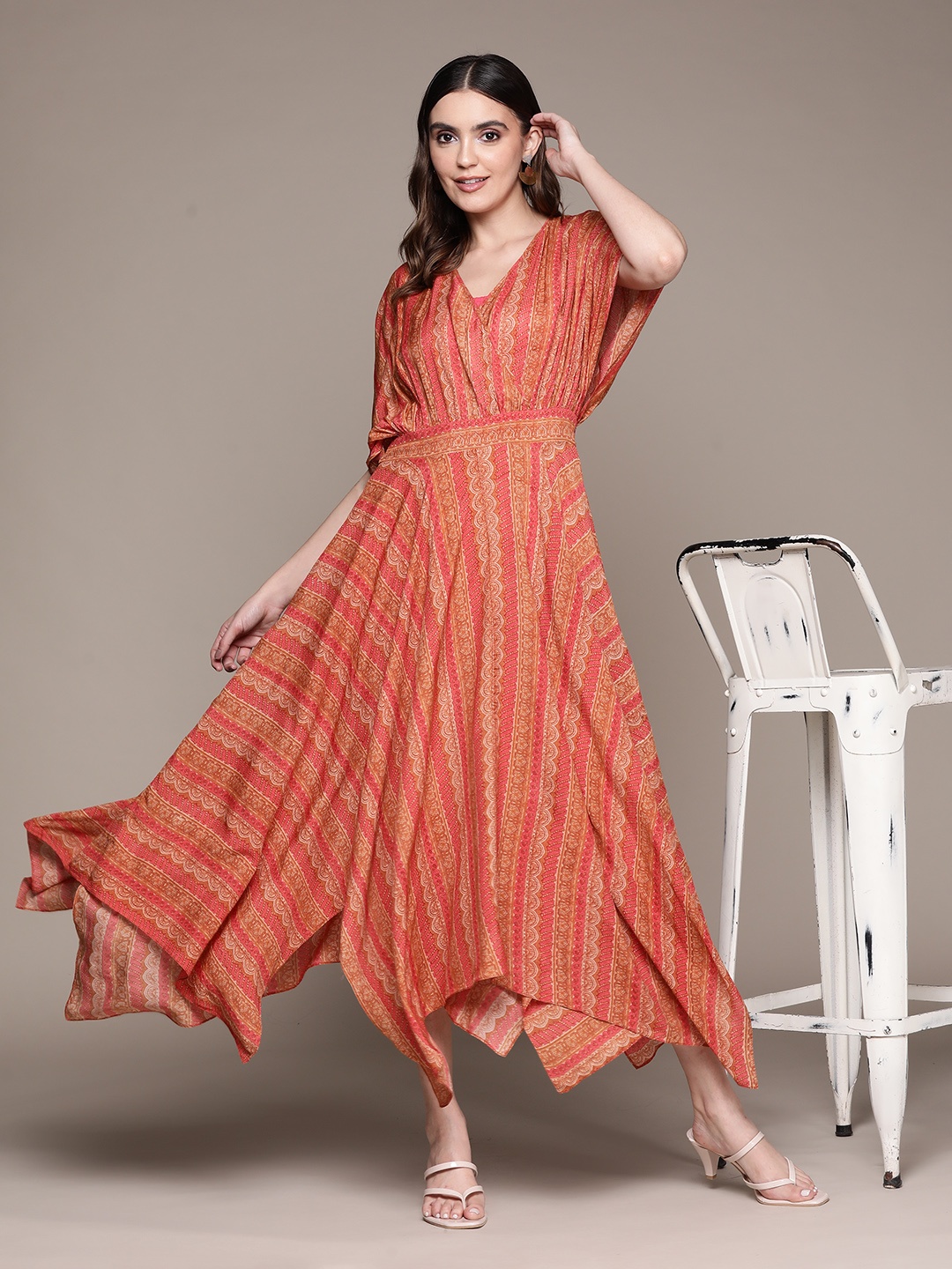 

Ritu Kumar Kimono Sleeves Printed Midi Dress with Camisole, Rust