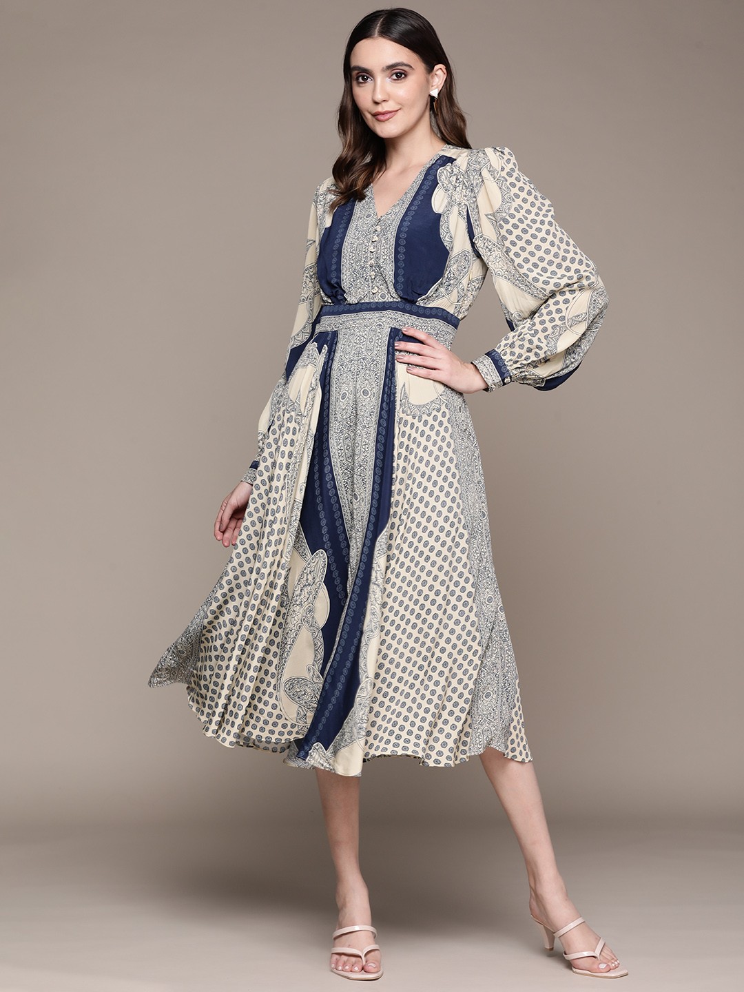 

Ritu Kumar Ethnic Motifs Printed Puff Sleeves Crepe Midi Dress, Navy blue
