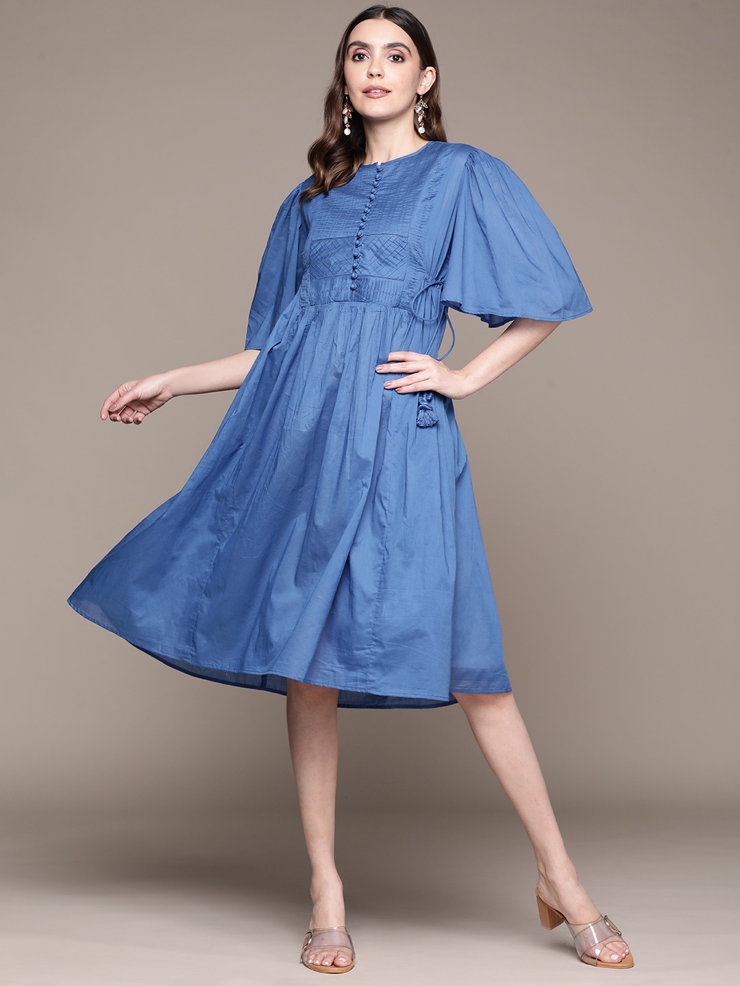 

Ritu Kumar Flared Sleeves A-Line Dress With Tie Up Detail, Blue