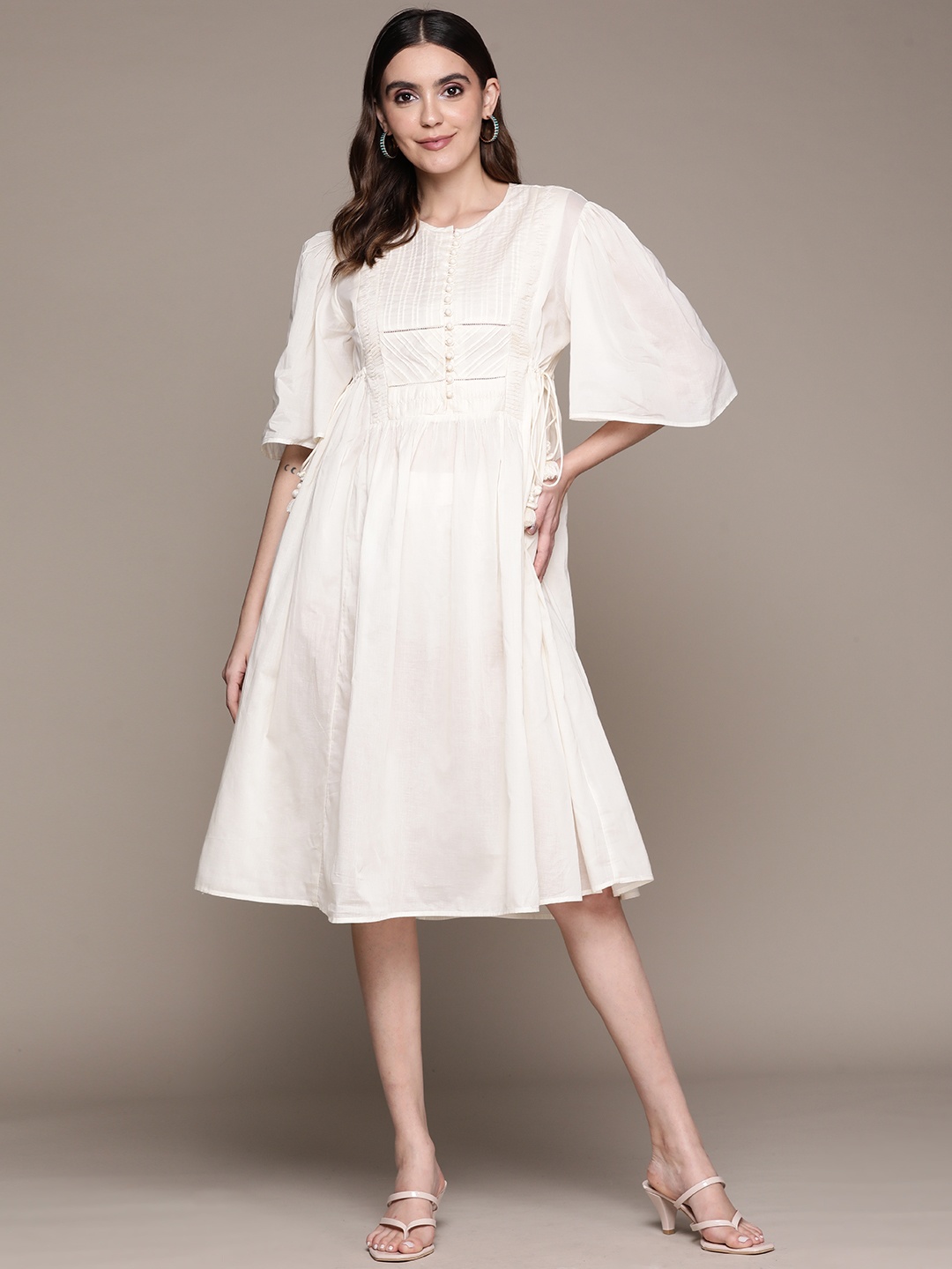 

Ritu Kumar Flared Sleeves A-Line Dress With Tie Up Detail, Off white