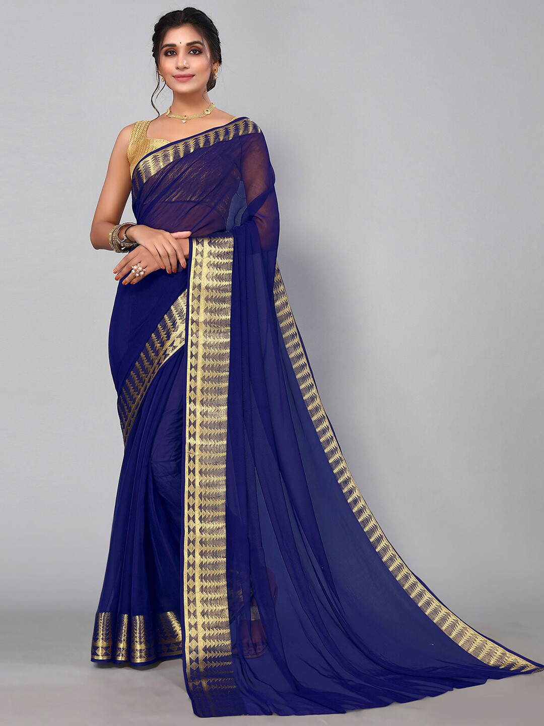 

KALINI Woven Border Zari Saree, Navy blue