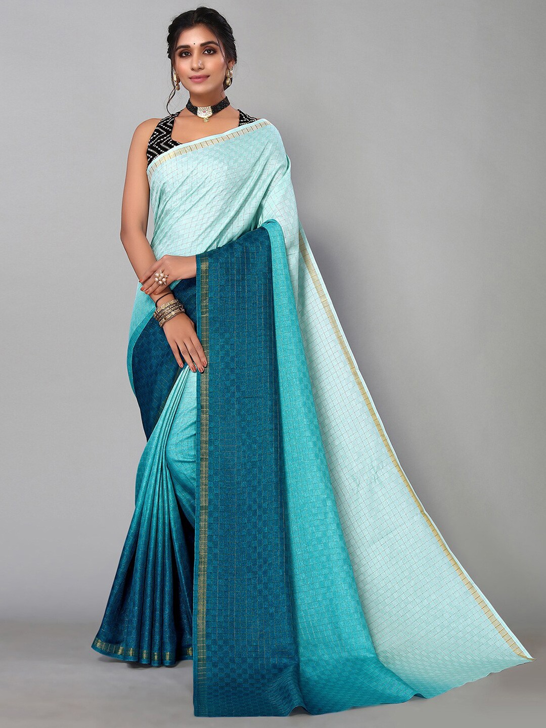 

KALINI Checked Zari Art Silk Saree, Blue