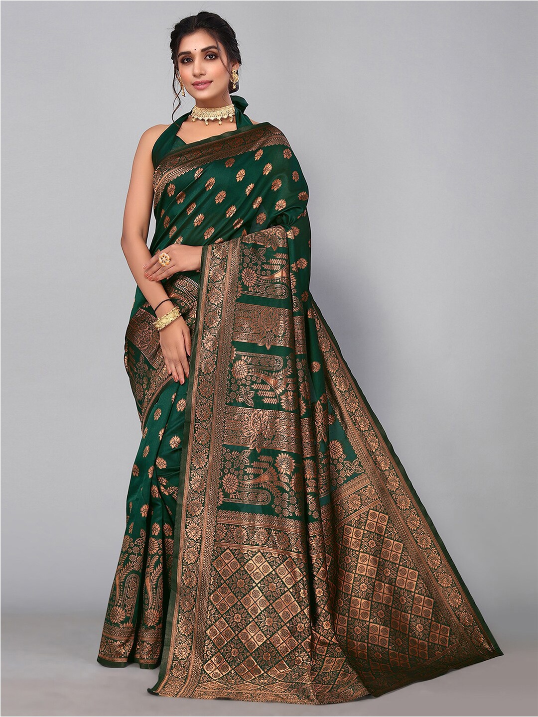 

KALINI Ethnic Motifs Zari Banarasi Saree, Green