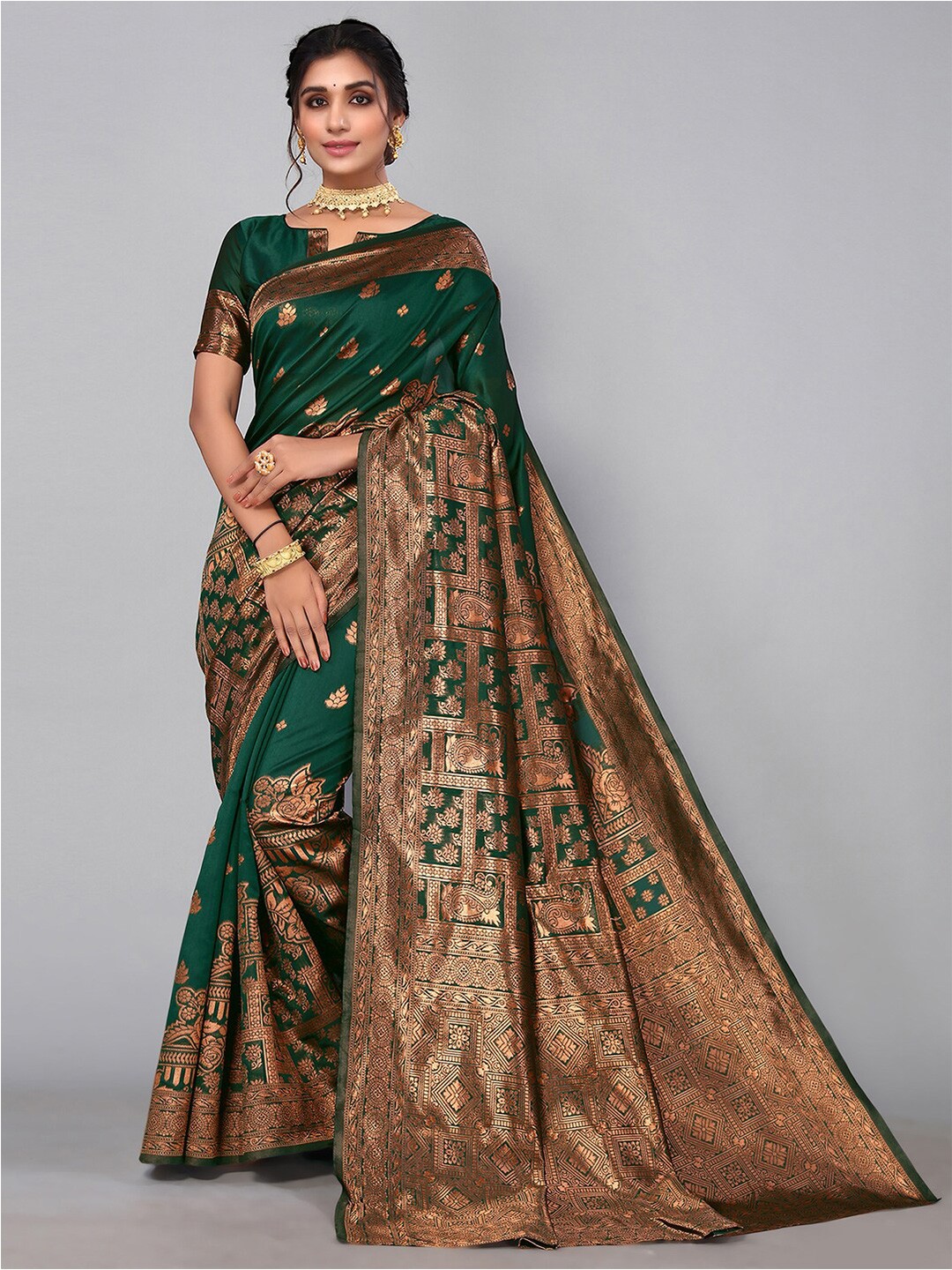 

KALINI Ethnic Motifs Zari Banarasi Saree, Green
