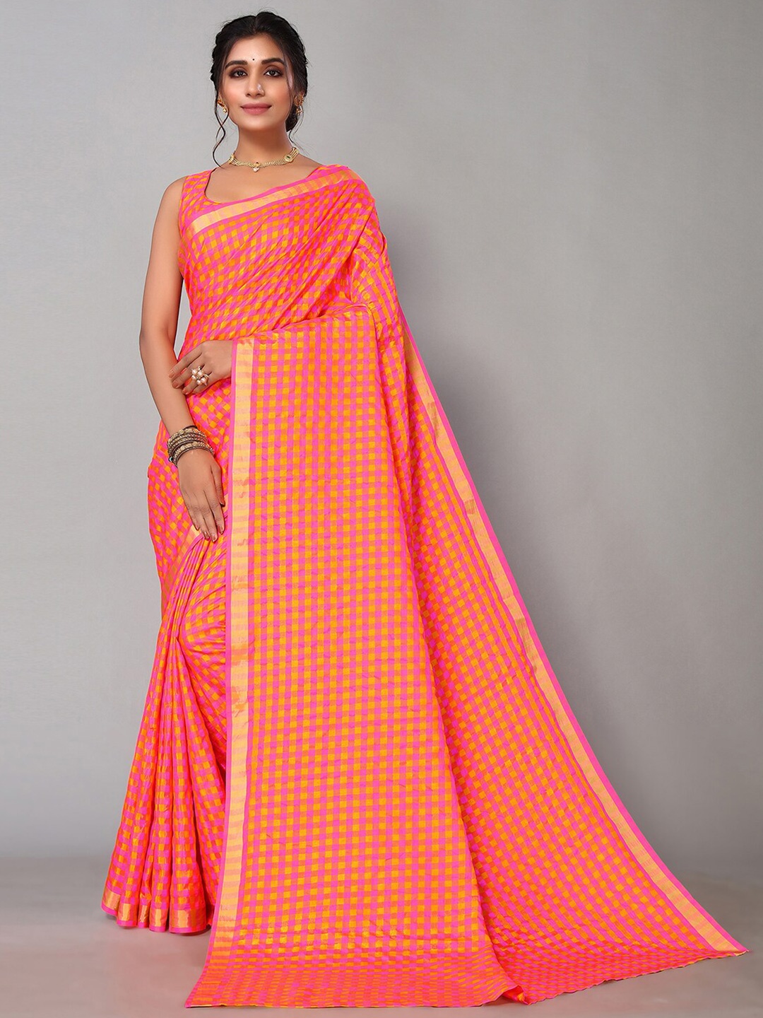 

KALINI Checked Zari Saree, Pink