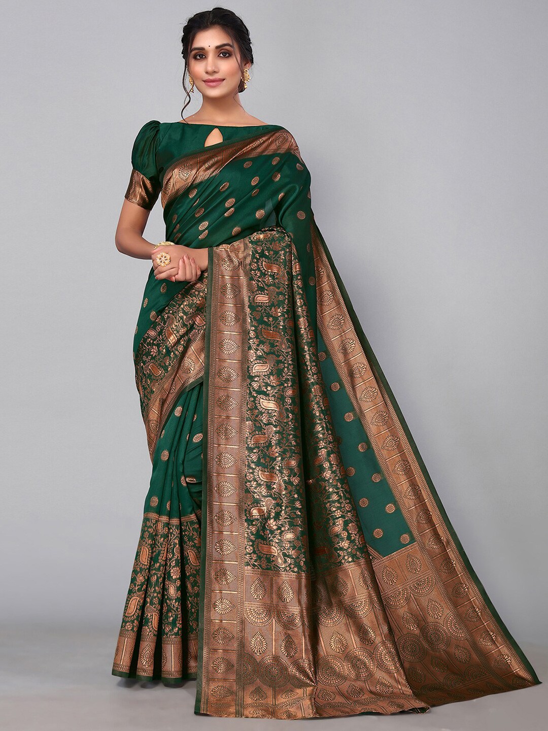 

KALINI Ethnic Motifs Zari Banarasi Saree, Green