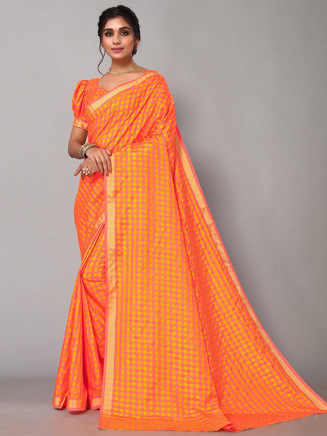 

KALINI Checked Zari Saree, Orange