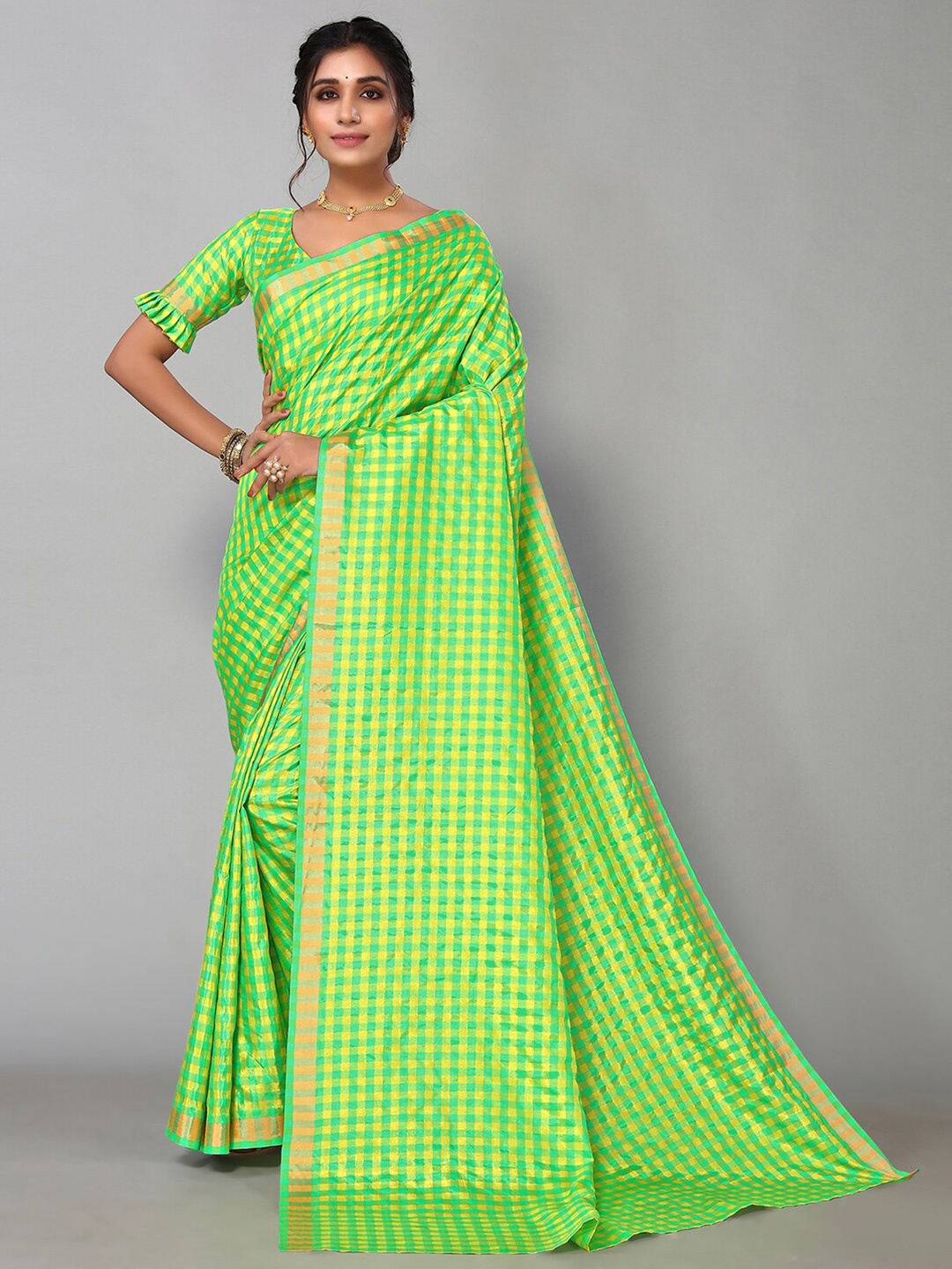 

KALINI Checked Zari Saree, Green