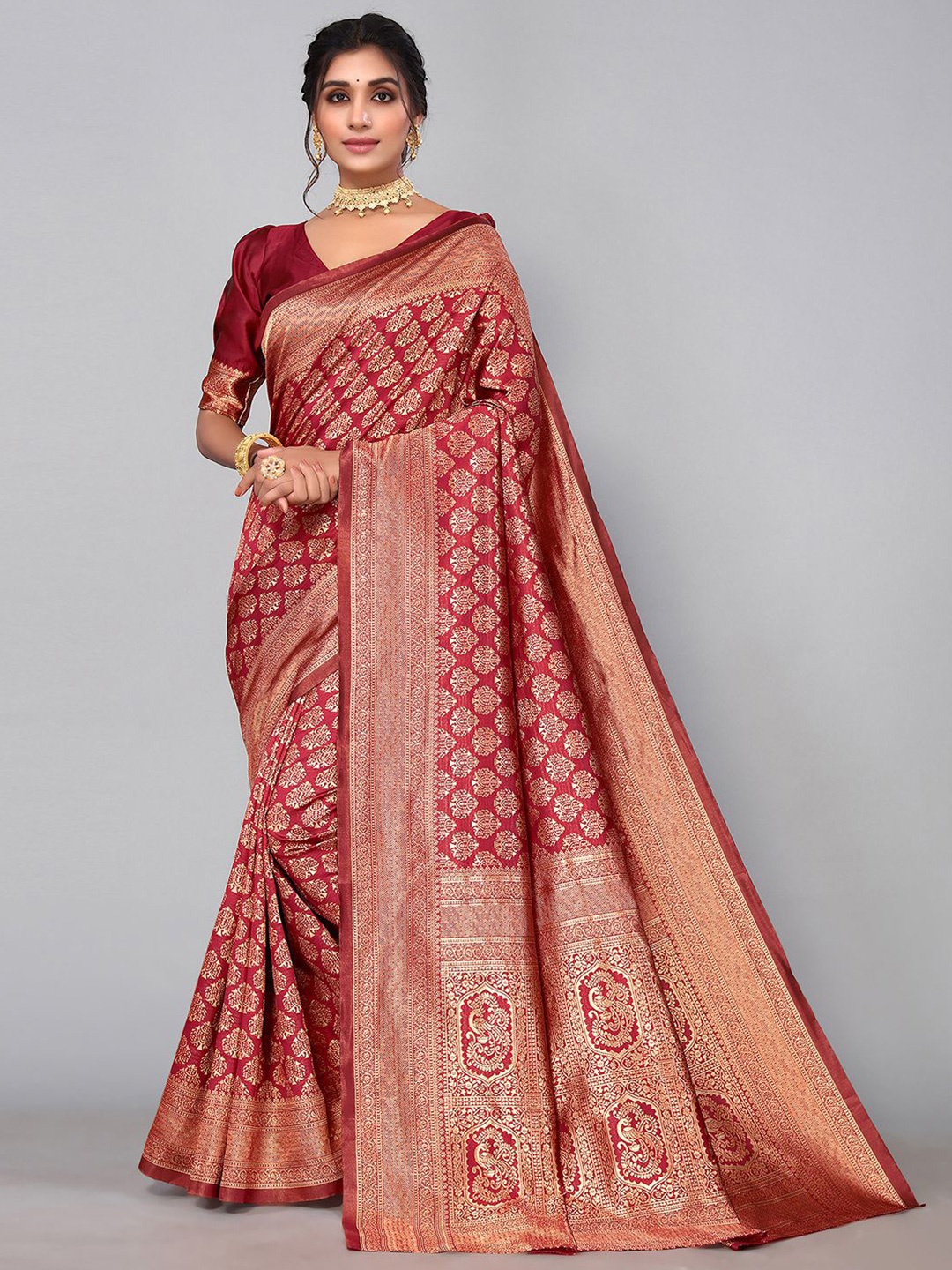 

KALINI Ethnic Motifs Zari Banarasi Saree, Maroon