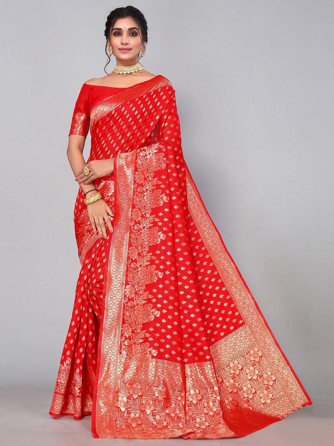 

KALINI Ethnic Motifs Zari Banarasi Saree, Red