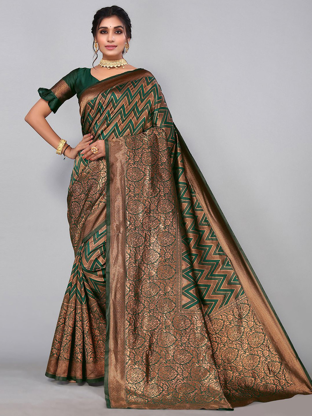 

KALINI Ethnic Motifs Zari Banarasi Saree, Green