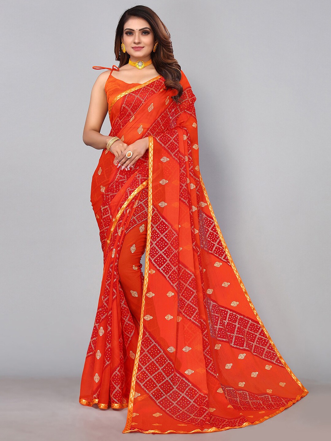 

KALINI Bandhani Zari Saree, Orange