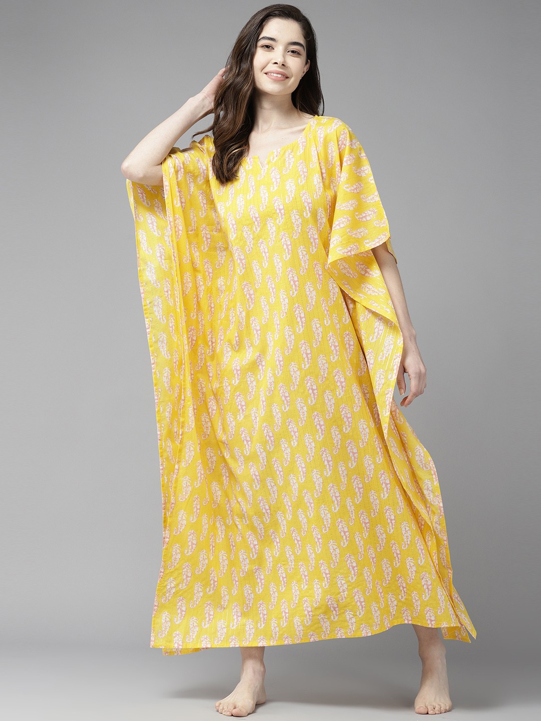 

Prakrti Printed Cotton Maxi Nightdress, Yellow