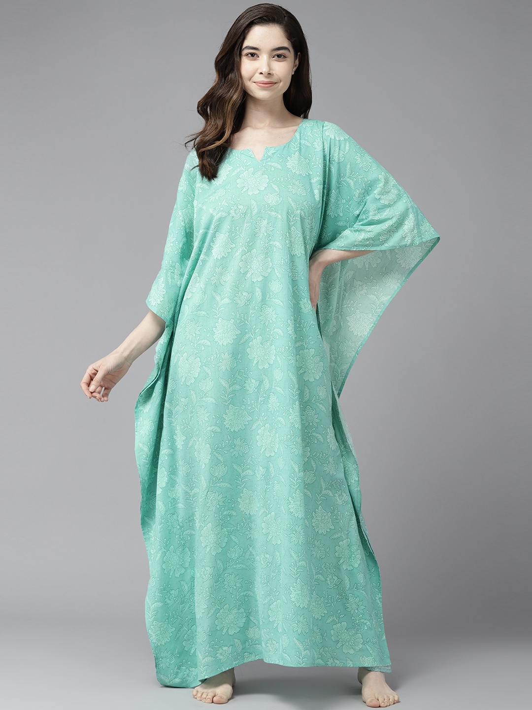 

Prakrti Printed Cotton Maxi Nightdress, Sea green
