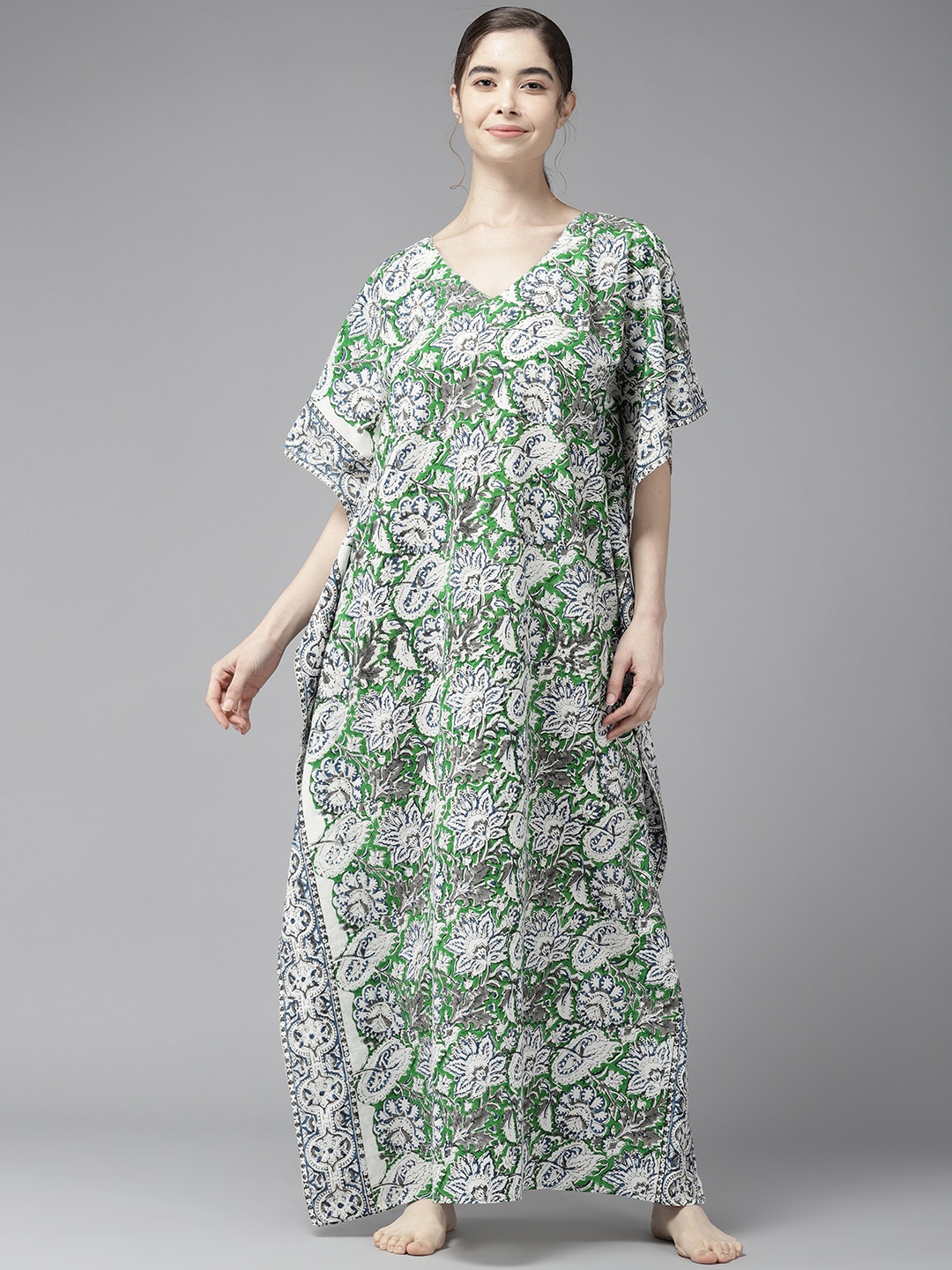 

Prakrti Green Printed Cotton Maxi Nightdress