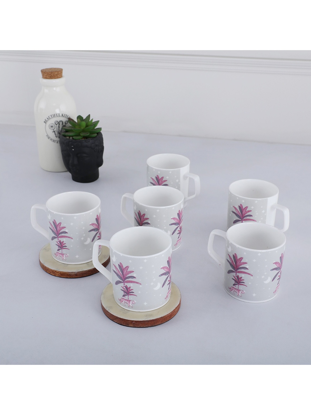 

HomeTown Silk Route 6 Pieces White & Pink Printed Bone China Glossy Tea Mugs 200 ml each