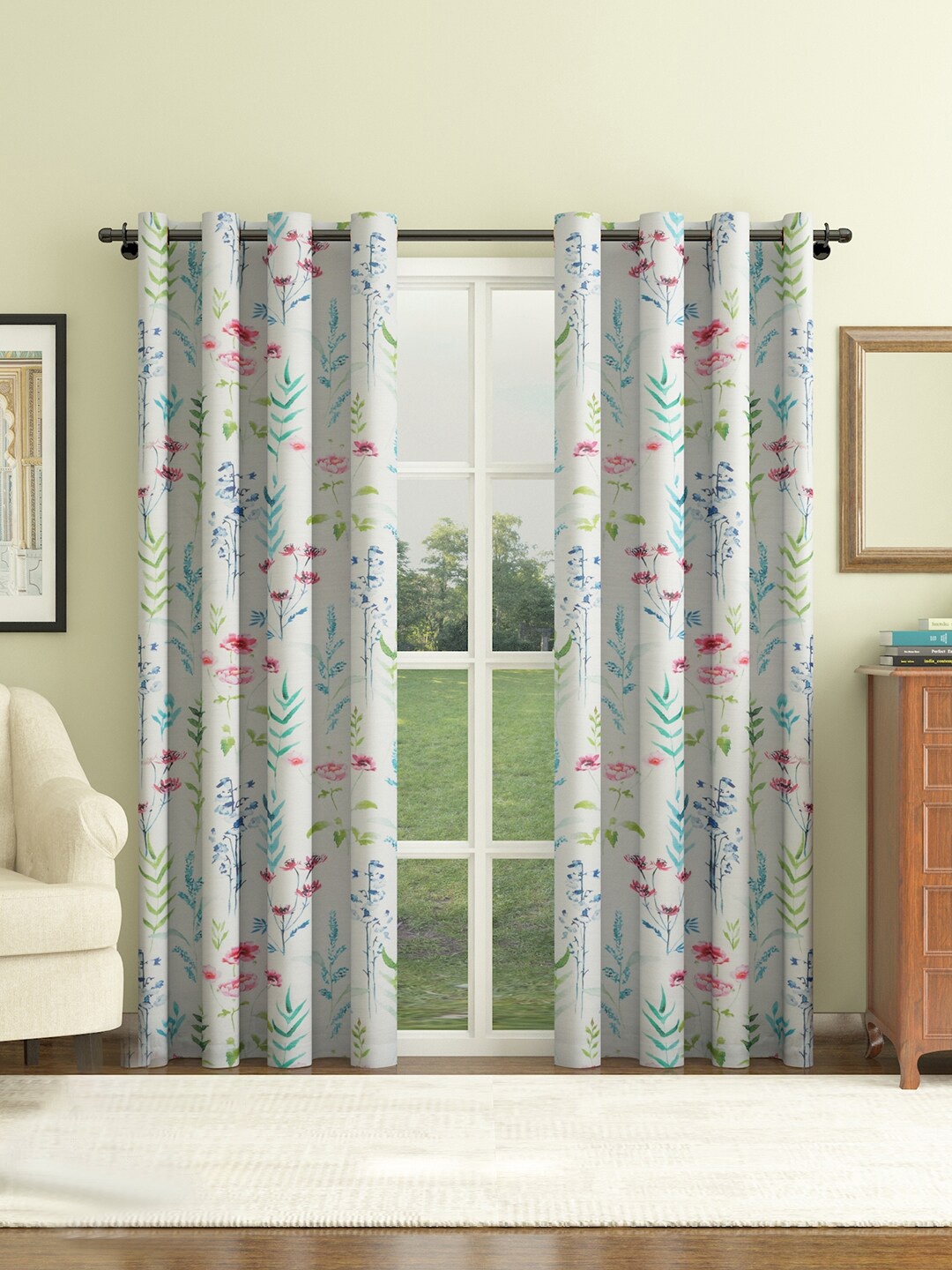 

HomeTown White & Blue 2 Pcs Floral Door Curtain