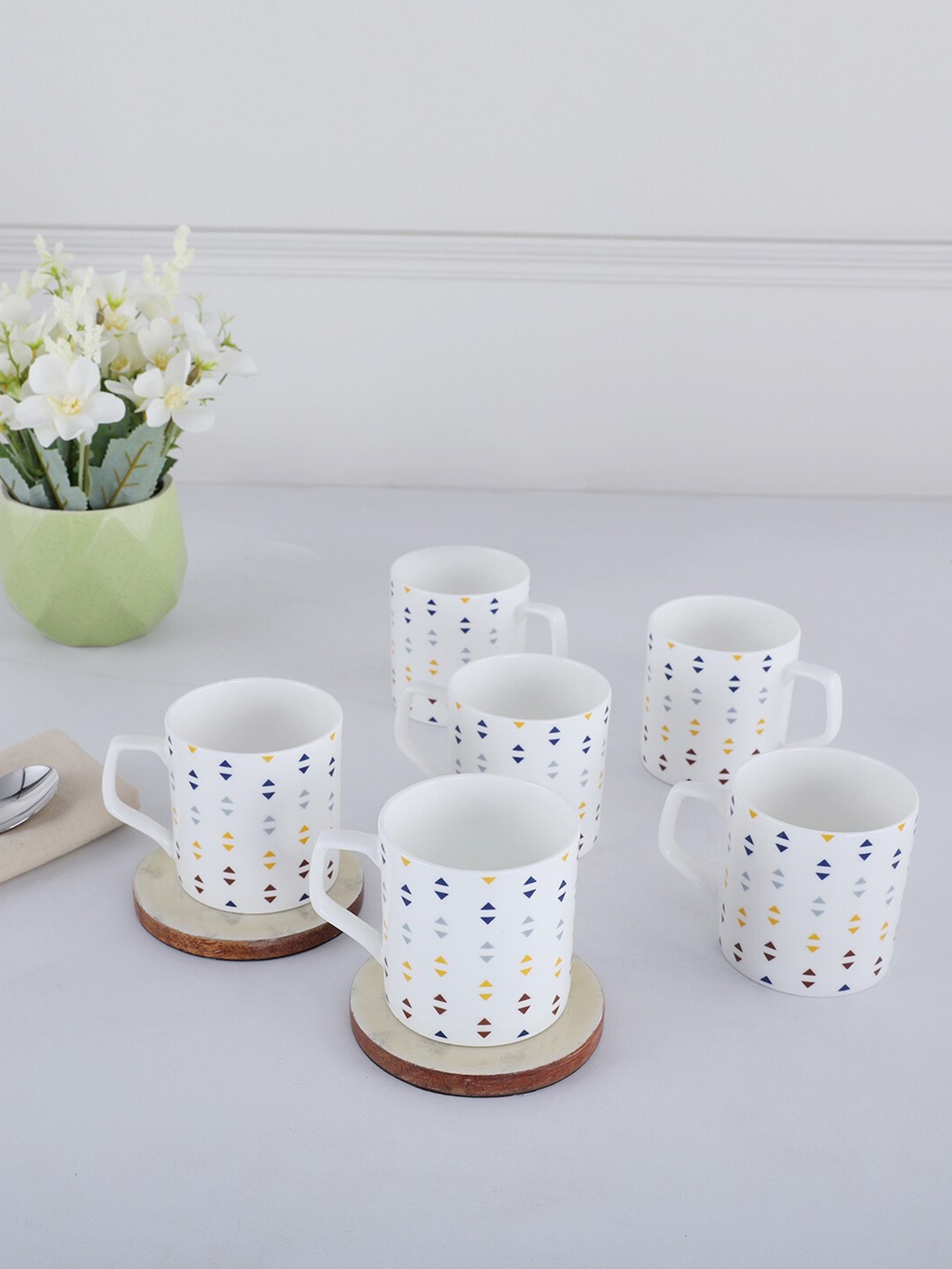 

HomeTown Milan 6 Pieces White & Yellow Printed Bone China Glossy Tea Mugs 200 ml each