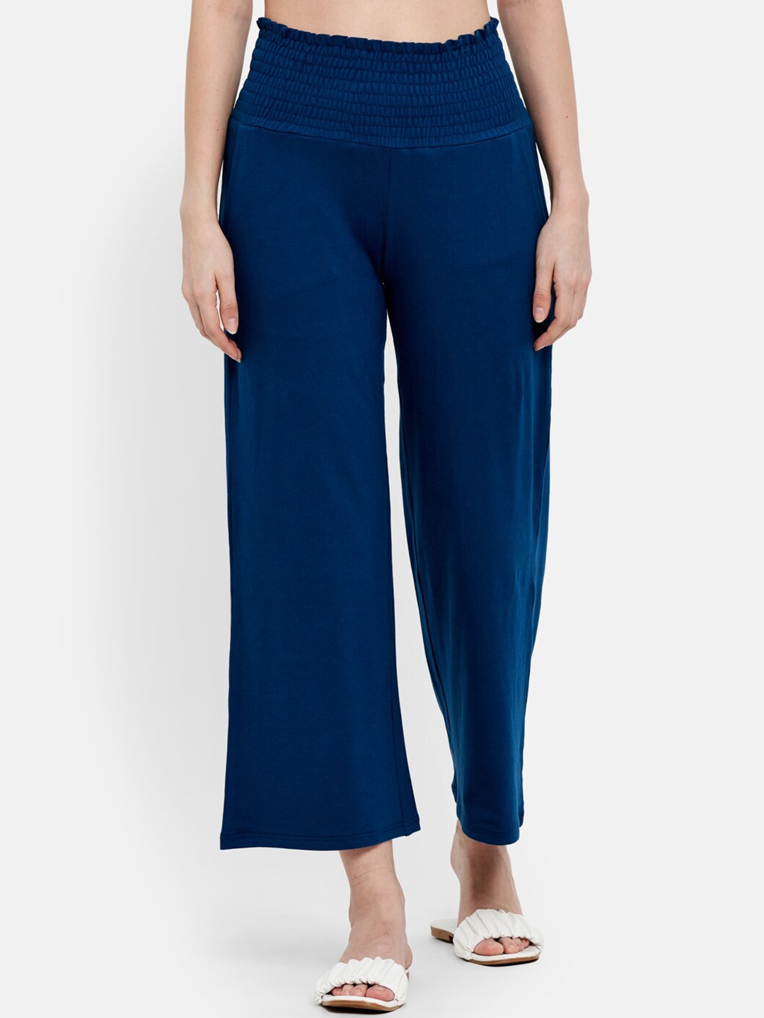 

UNMADE Women Cotton Flared High-Rise Trousers, Blue