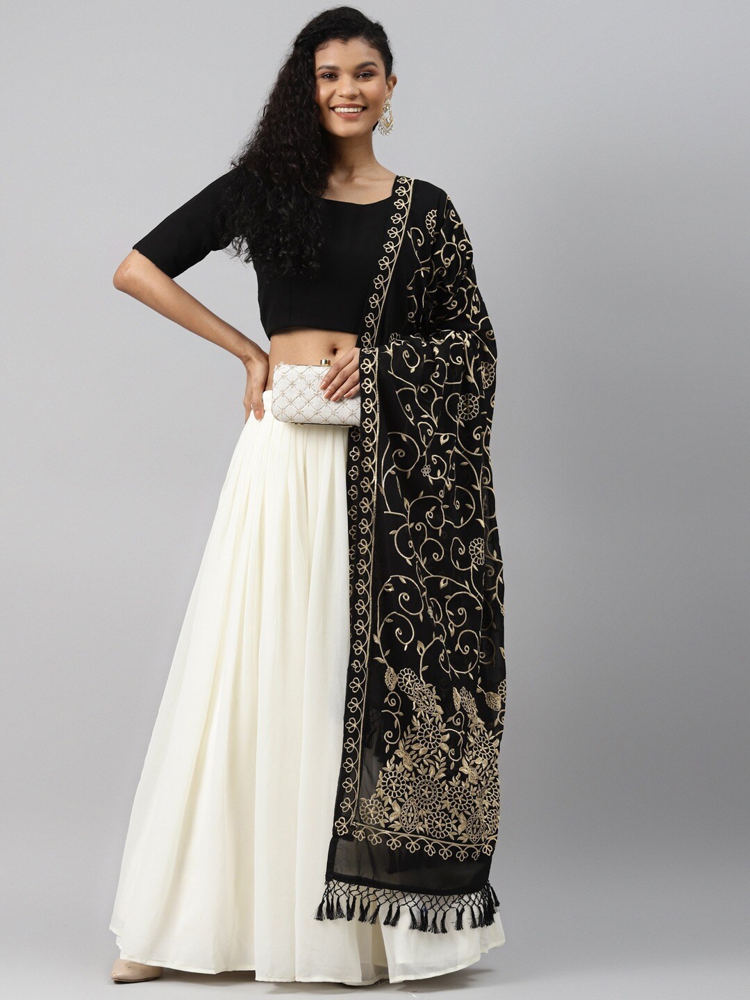 

Readiprint Fashions Embroidered Semi-Stitched Lehenga & Unstitched Blouse With Dupatta, Off white