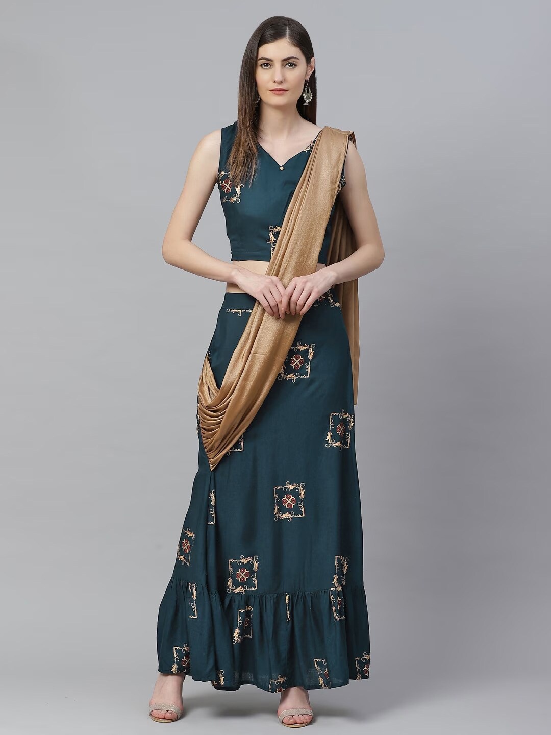 

Readiprint Fashions Printed Ready to Wear Lehenga & Printed Blouse, Teal