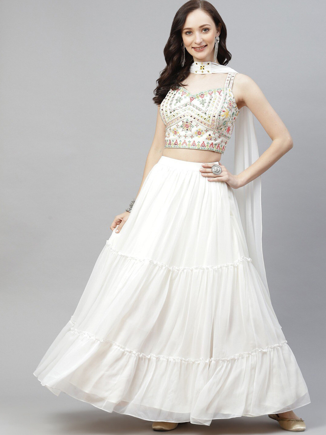 

Readiprint Fashions Embroidered Tiered Semi-Stitched Lehenga Choli Blouse With, White