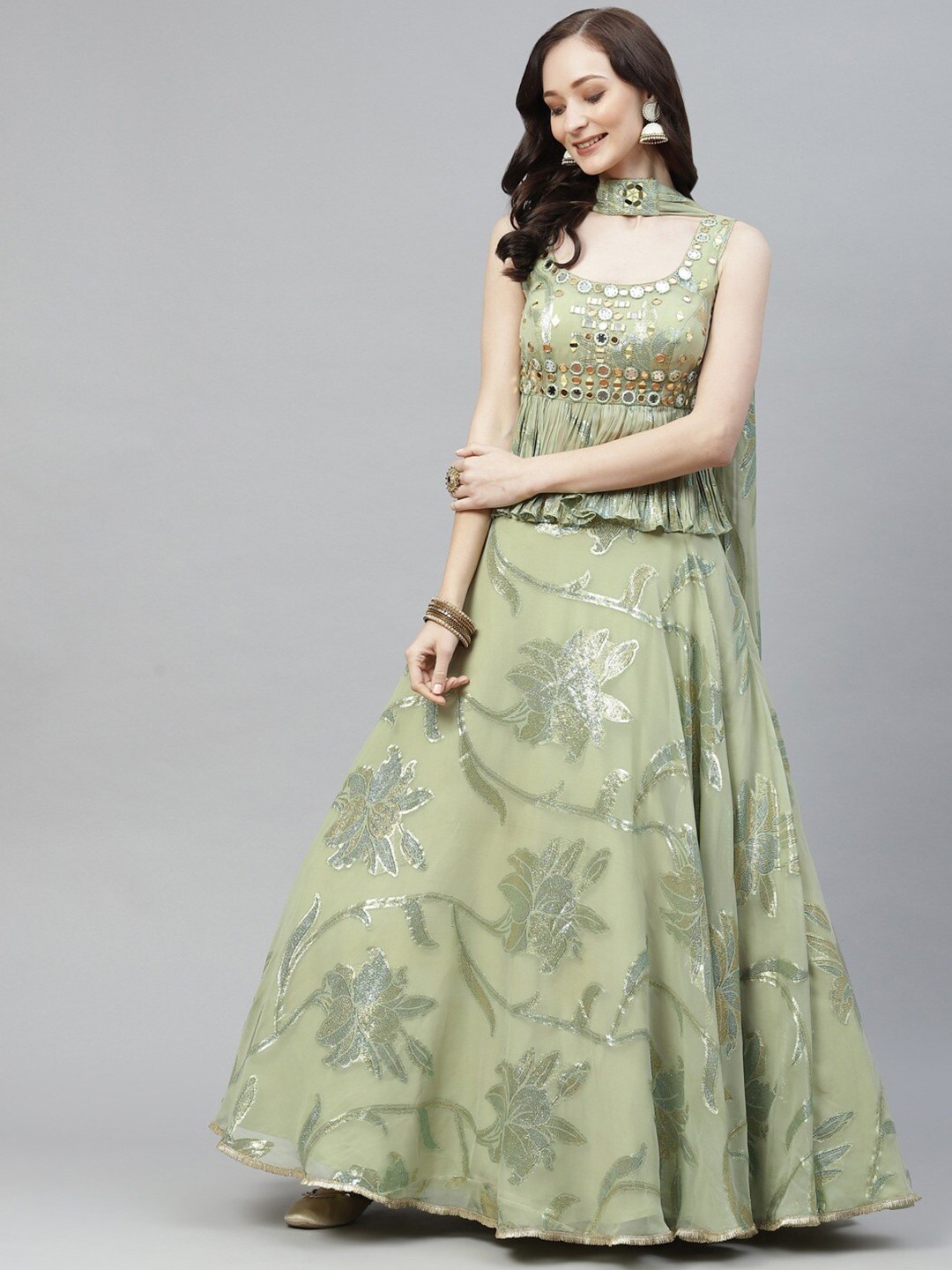 

Readiprint Fashions Embroidered Semi-Stitched Lehenga Choli With Dupatta, Green