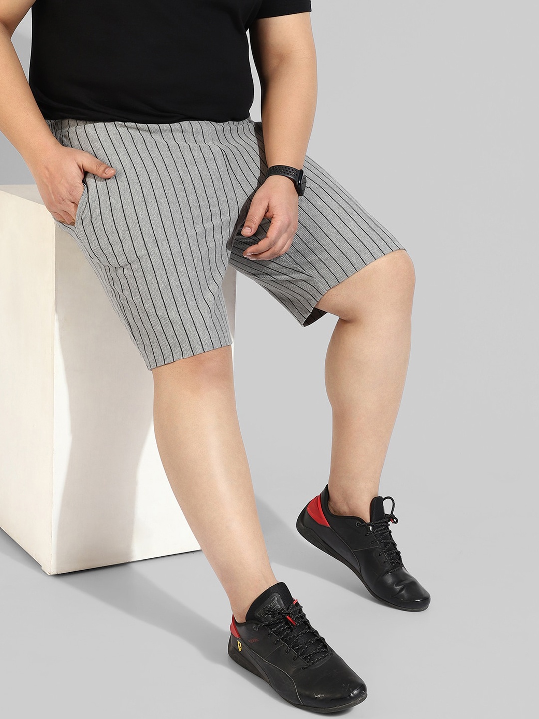 

Instafab Plus Men Plus Size Striped Cotton Regular Fit Shorts, Grey