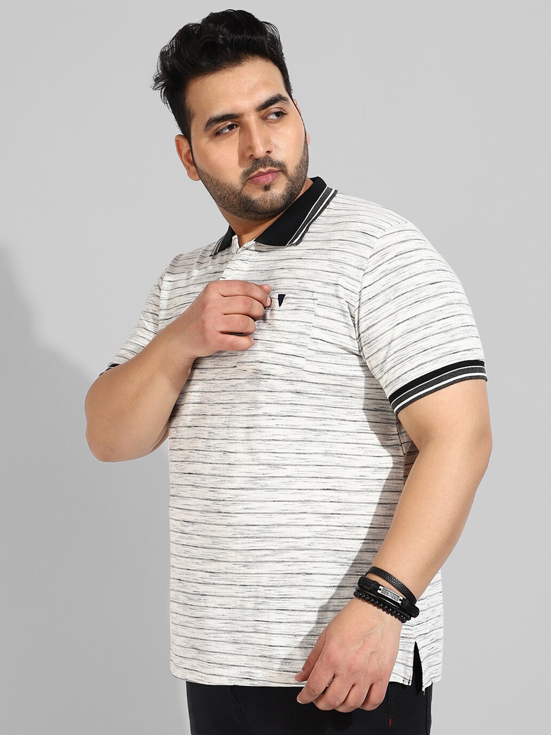 

Instafab Plus Men Plus Size Striped Polo Collar Regular Fit Flex Cotton T-shirt, White