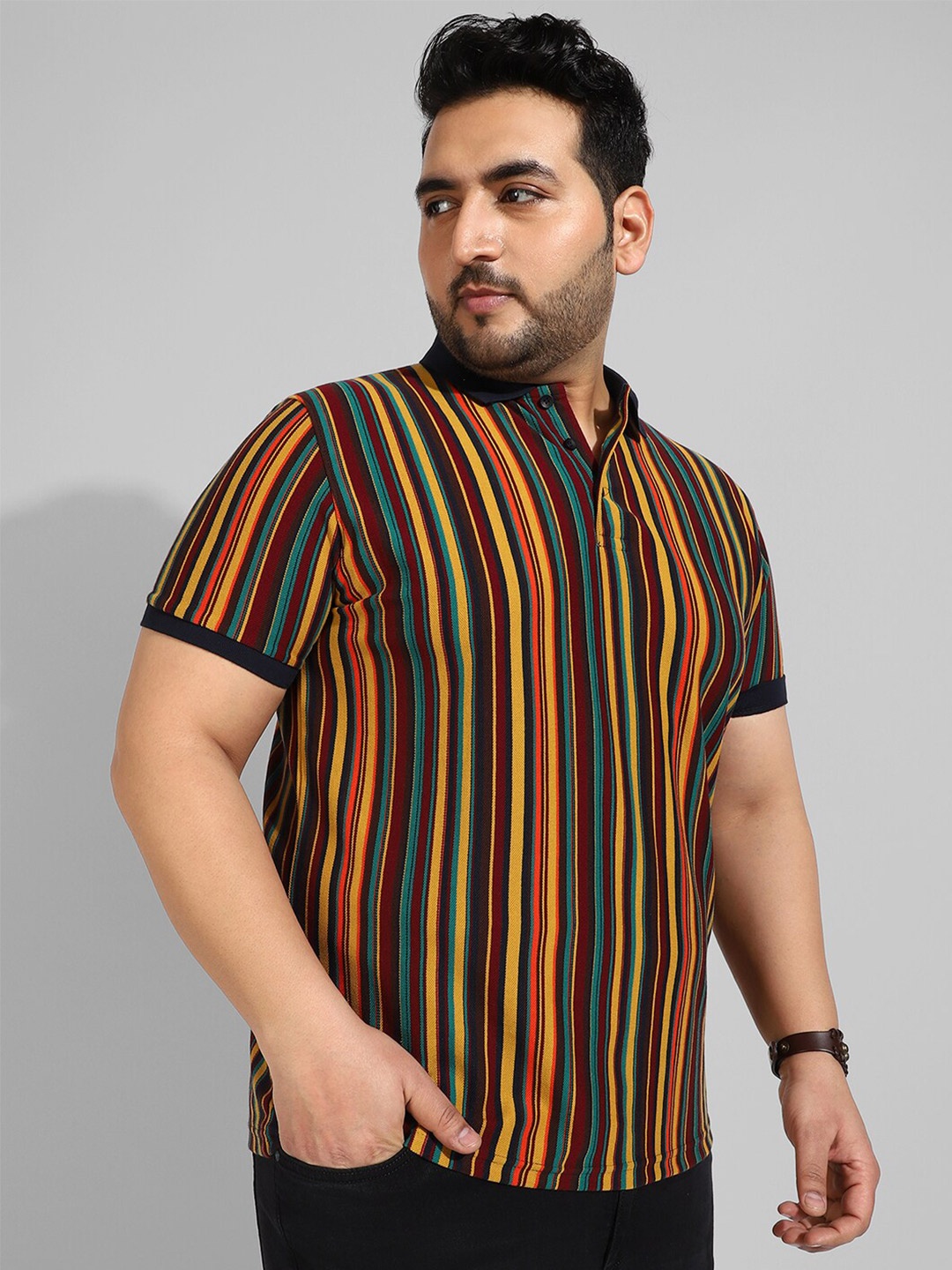 

Instafab Plus Men Plus Size Striped Cotton Flex T-shirt, Multi