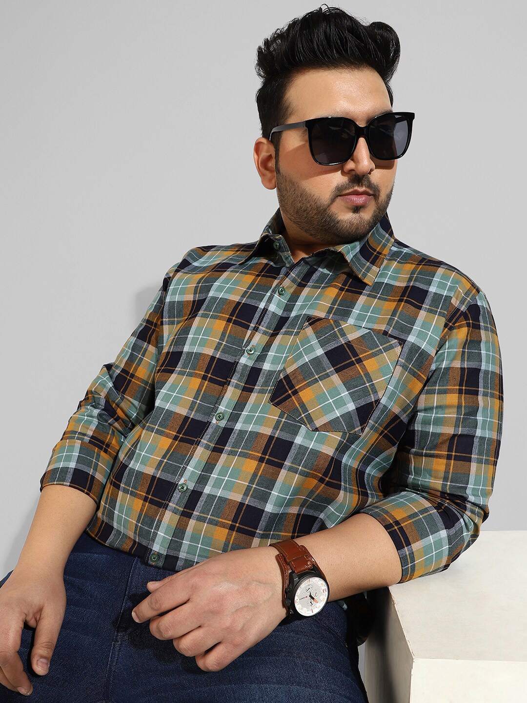 

Instafab Plus Size Men Tartan Checks Checked Casual Cotton Shirt, Green