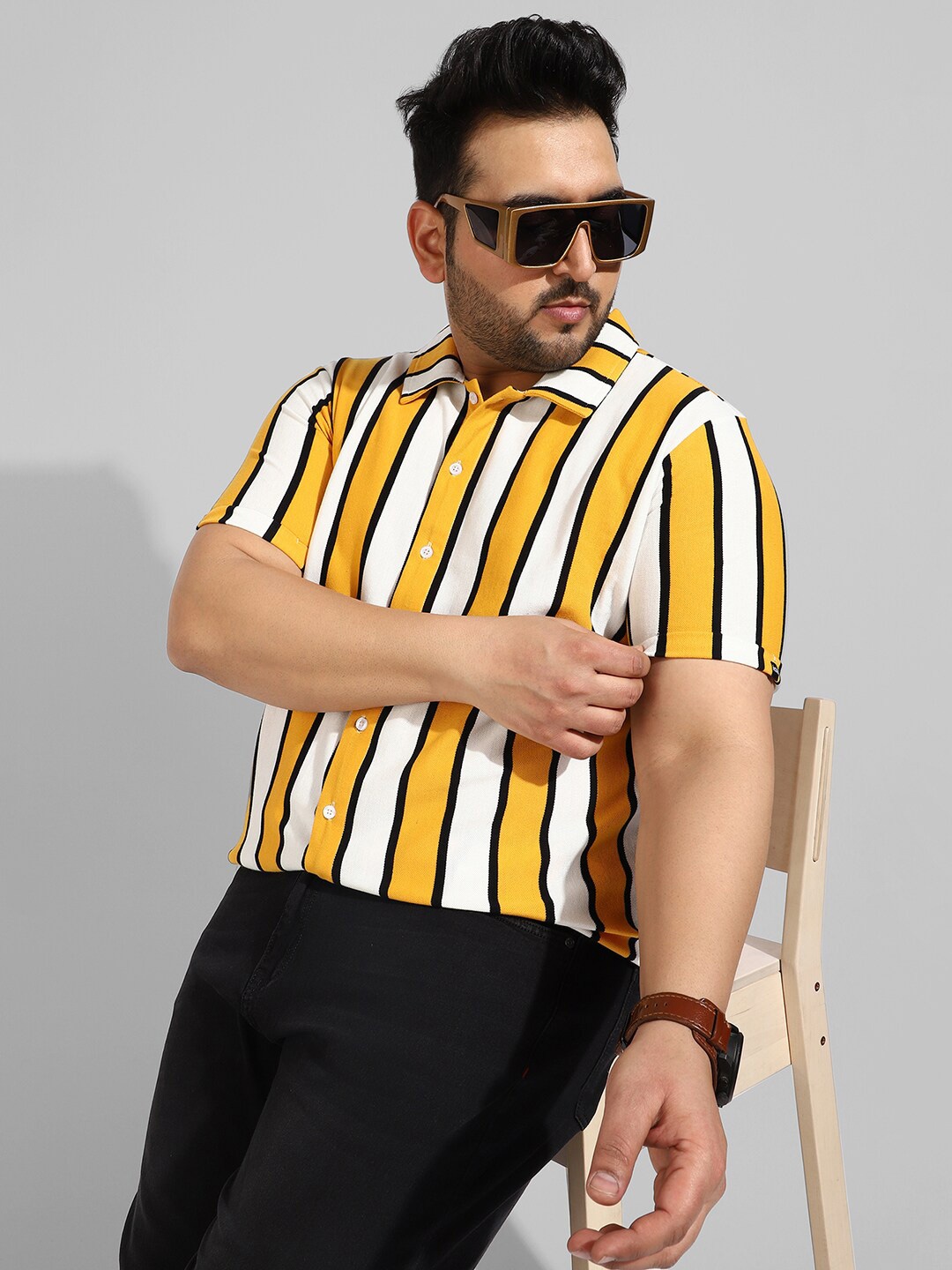 

Instafab Plus Size Men Striped Casual Cotton Shirt, Yellow