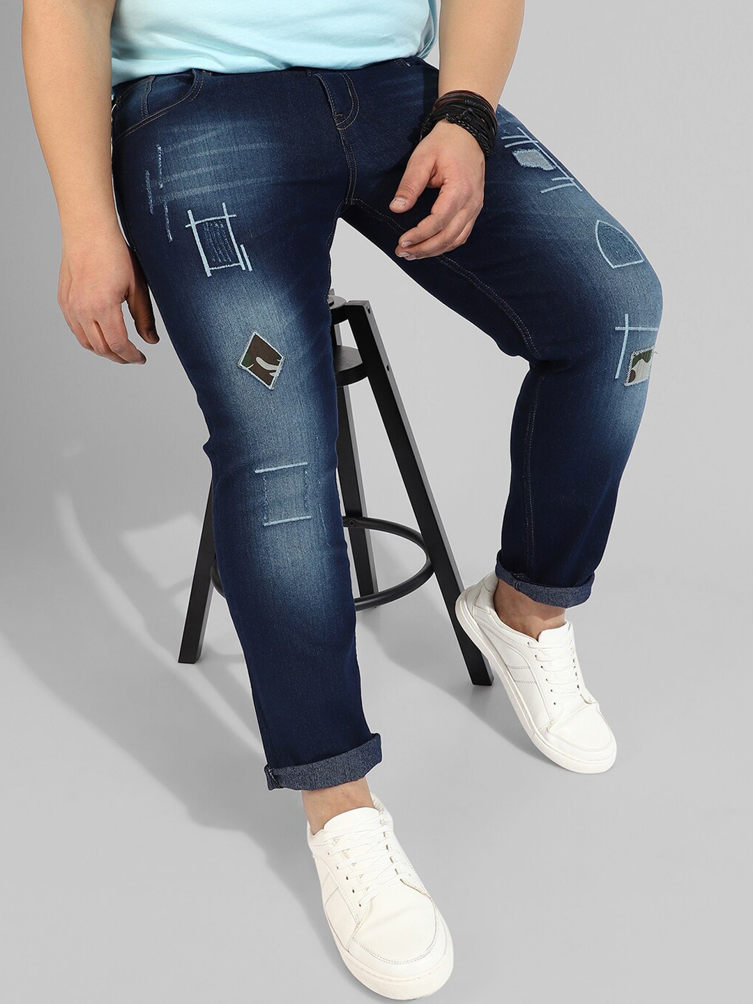 

Instafab Plus Men Plus Size Classic Mildly Distressed Light Fade Stretchable Cotton Jeans, Navy blue