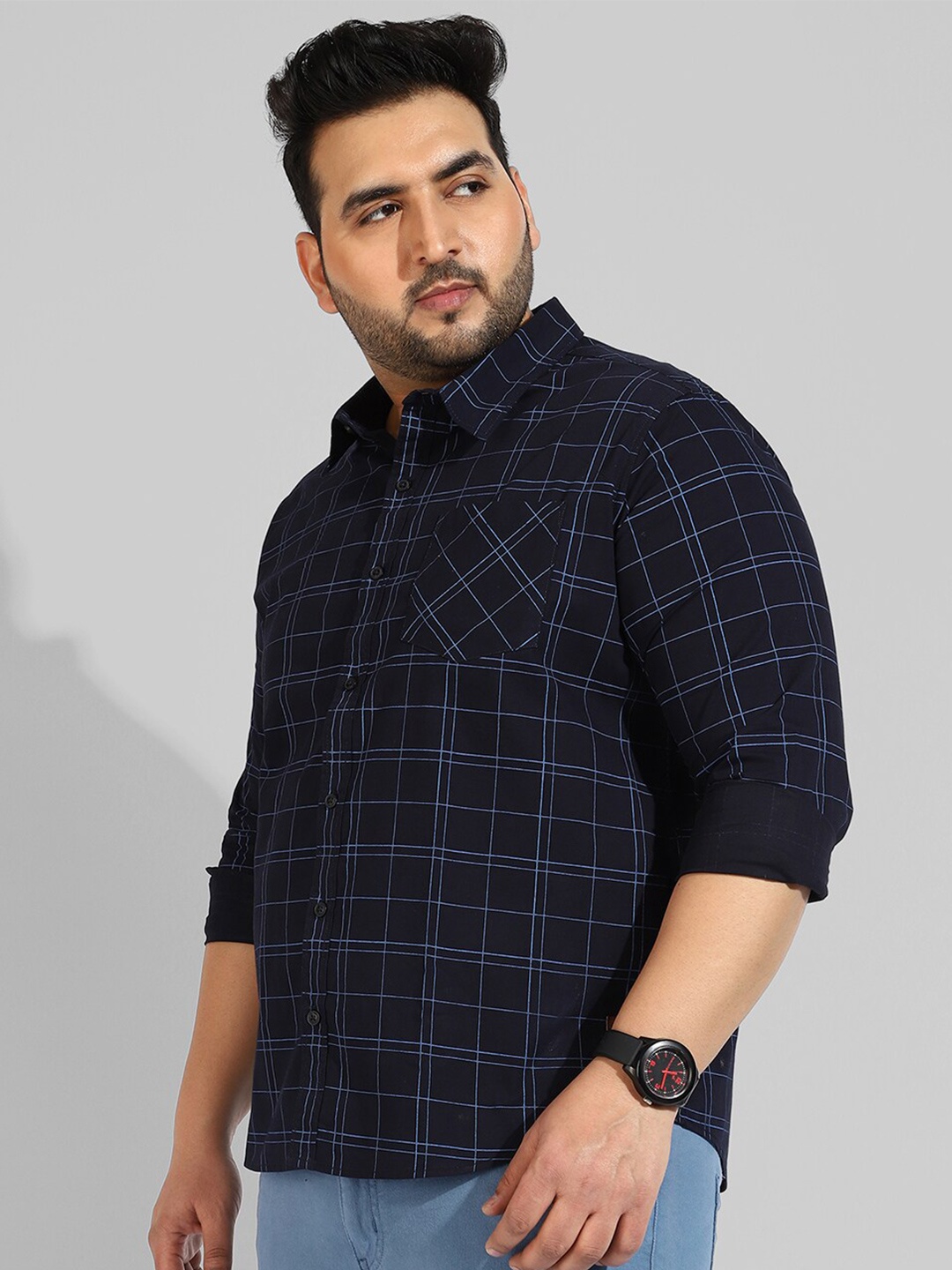 

Instafab Plus Men Plus Size Classic Windowpane Checked Casual Cotton Shirt, Blue