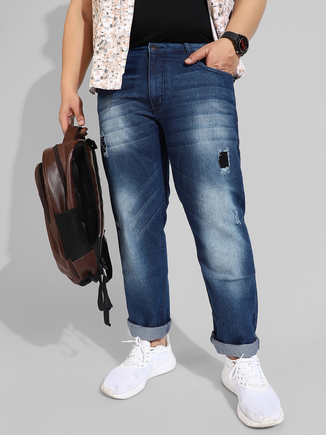 

Instafab Plus Men Plus Size Classic Low Distressed Light Fade Stretchable Cotton Jeans, Blue