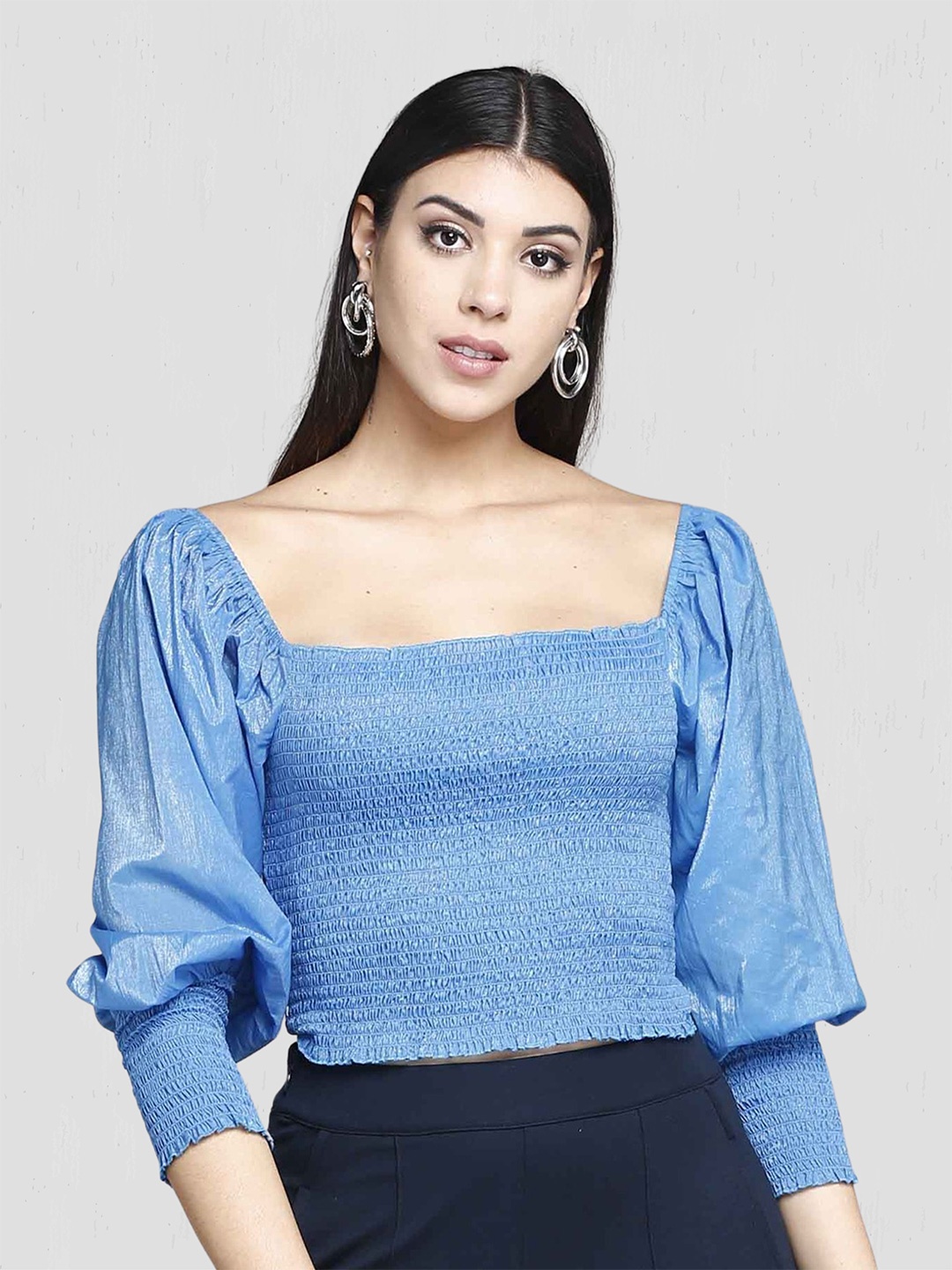 

MKOAL Square Neck Smocked Crop Top, Blue
