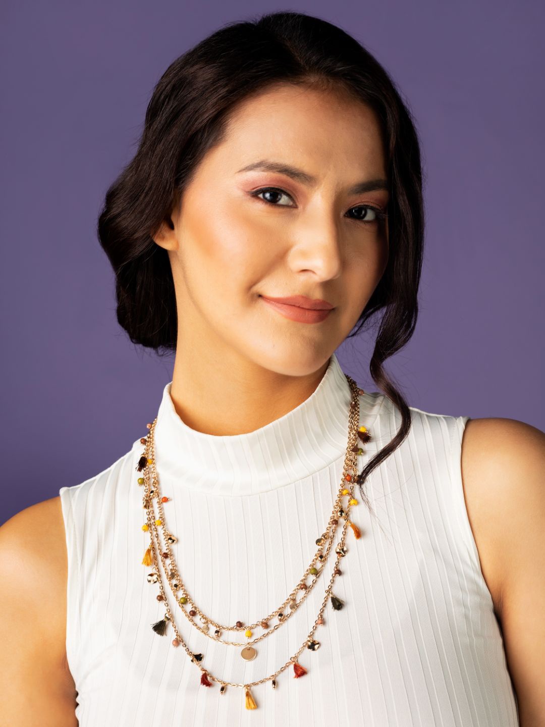 

PRITA BY PRIYAASI Beaded Charm Tasselled Link Gold-Plated Layered Necklace