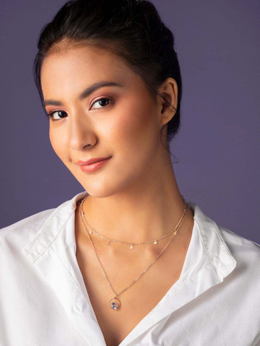

PRITA BY PRIYAASI Layered Star Solitaire Drop Rose Gold-Plated Necklace