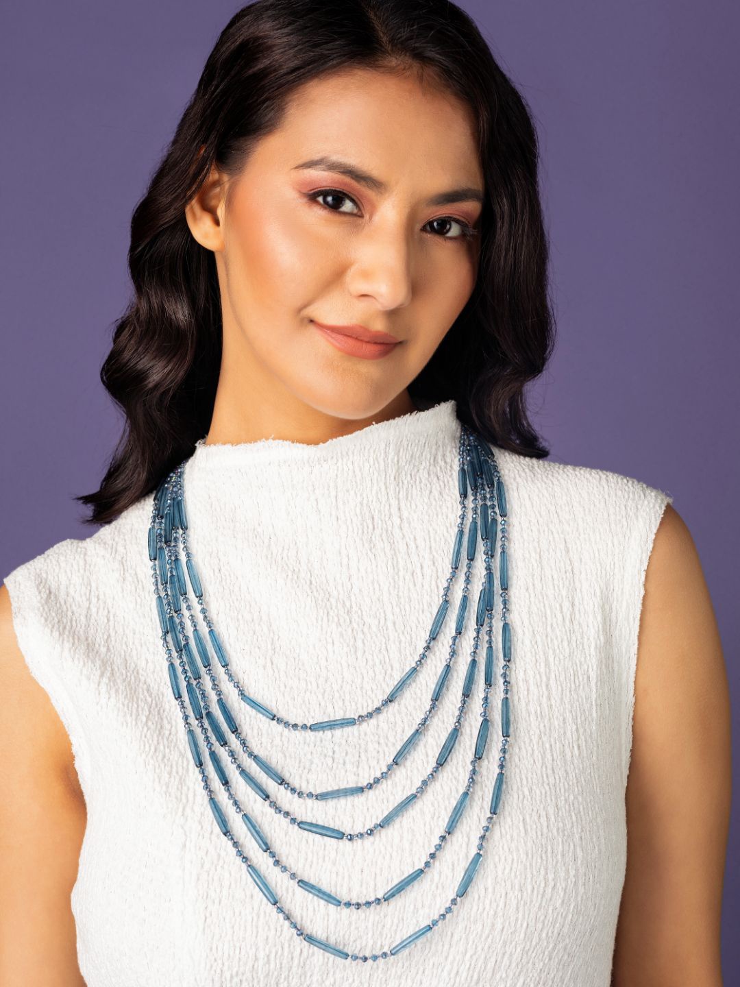 

PRITA BY PRIYAASI Multilayer Glassy Blue Beaded Long Necklace