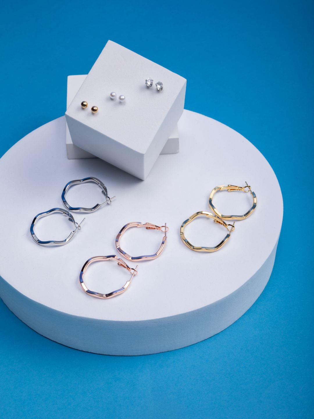 

PRITA BY PRIYAASI Set Of 6 Gold & Silver Plated Circular Studs & Hoop Earrings, White