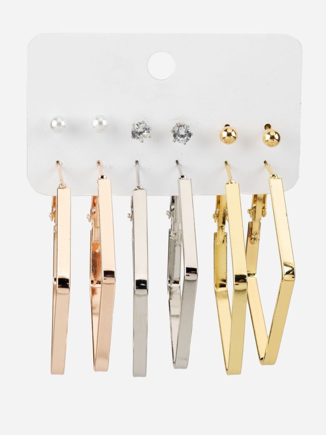 

PRITA BY PRIYAASI Set Of 6 Gold & Silver Plated Geometric Studs & Hoop Earrings, White