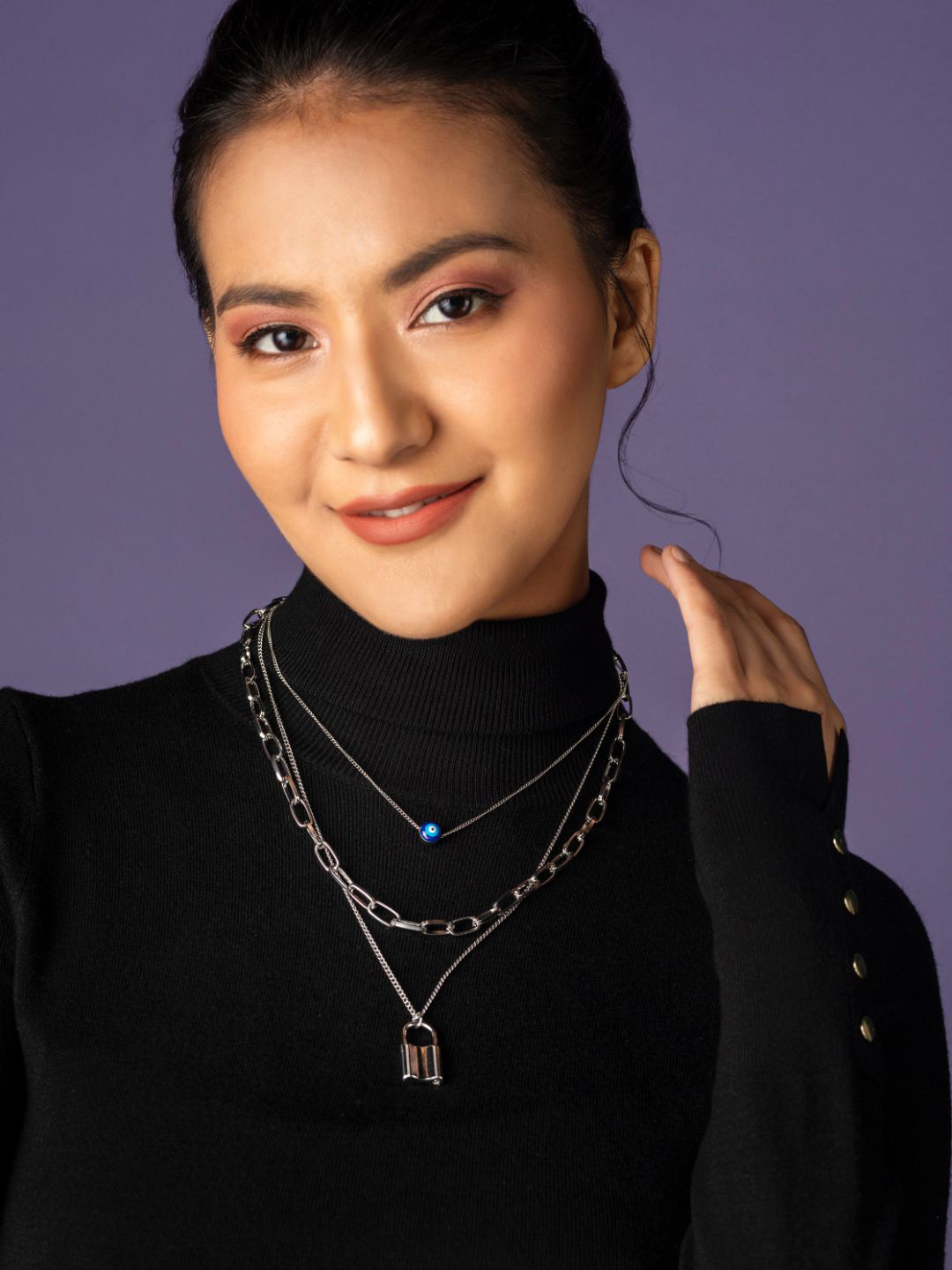 

PRITA BY PRIYAASI Evil Eye Lock Layered Silver-Plated Necklace